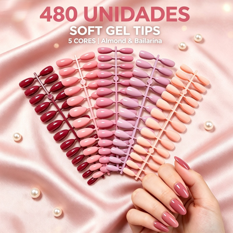 KIT 480 Uniades Unha Postiça Soft Gel Almond Bailarina Fosca Em Gel