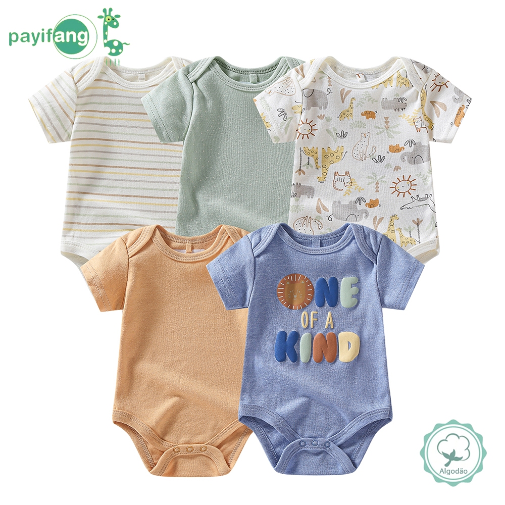 Kit 5 Peças Body Manga Curta Bebê Mistura Algodão Poliéster Estampa Selva Uso Diário!