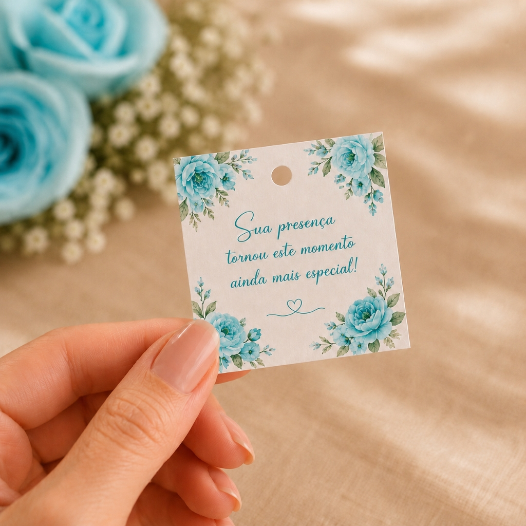 Tag de Agradecimento para Casamento Azul Turquesa Floral Lembrancinhas Aniversário Debudante Bodas