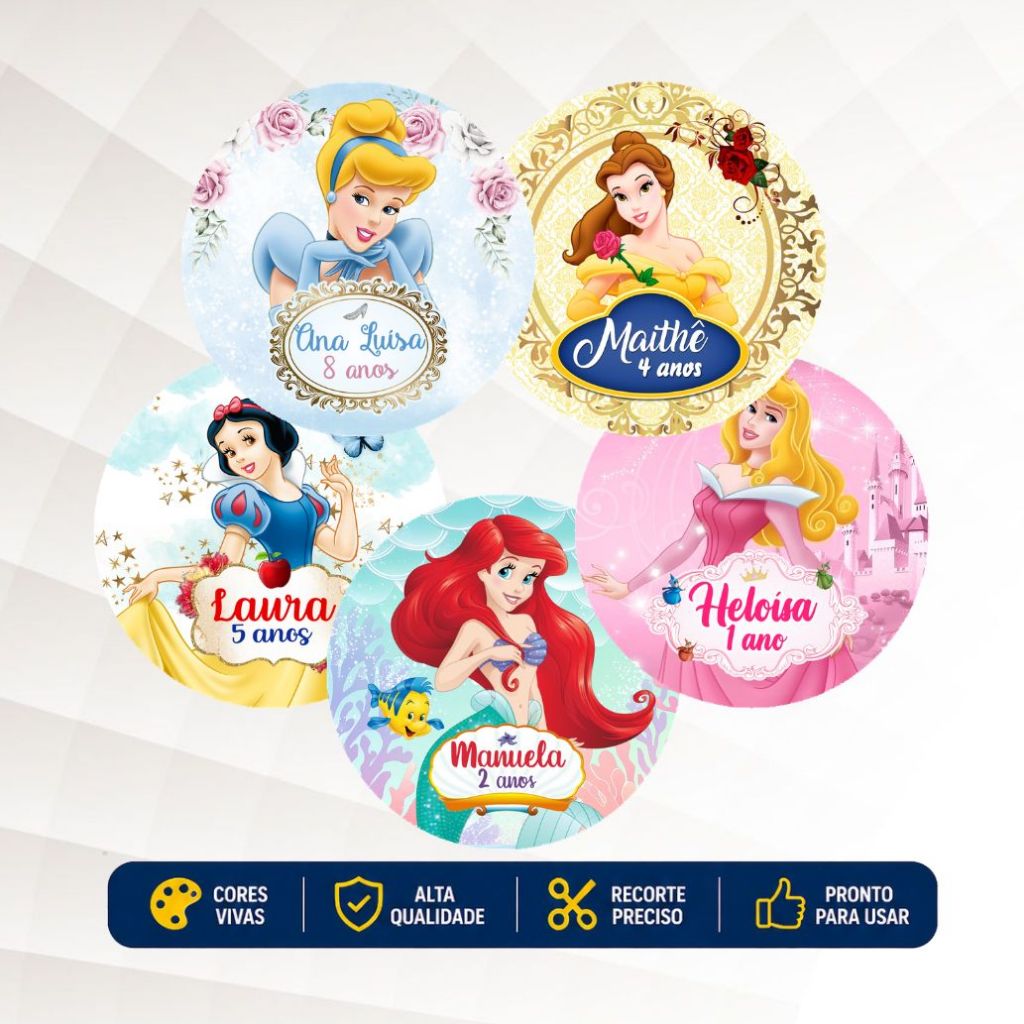 Etiqueta Redonda Princesas 5cm e 9cm – Adesivo Personalizado para Lembrancinhas Frozen, Sereia, Rapunzel
