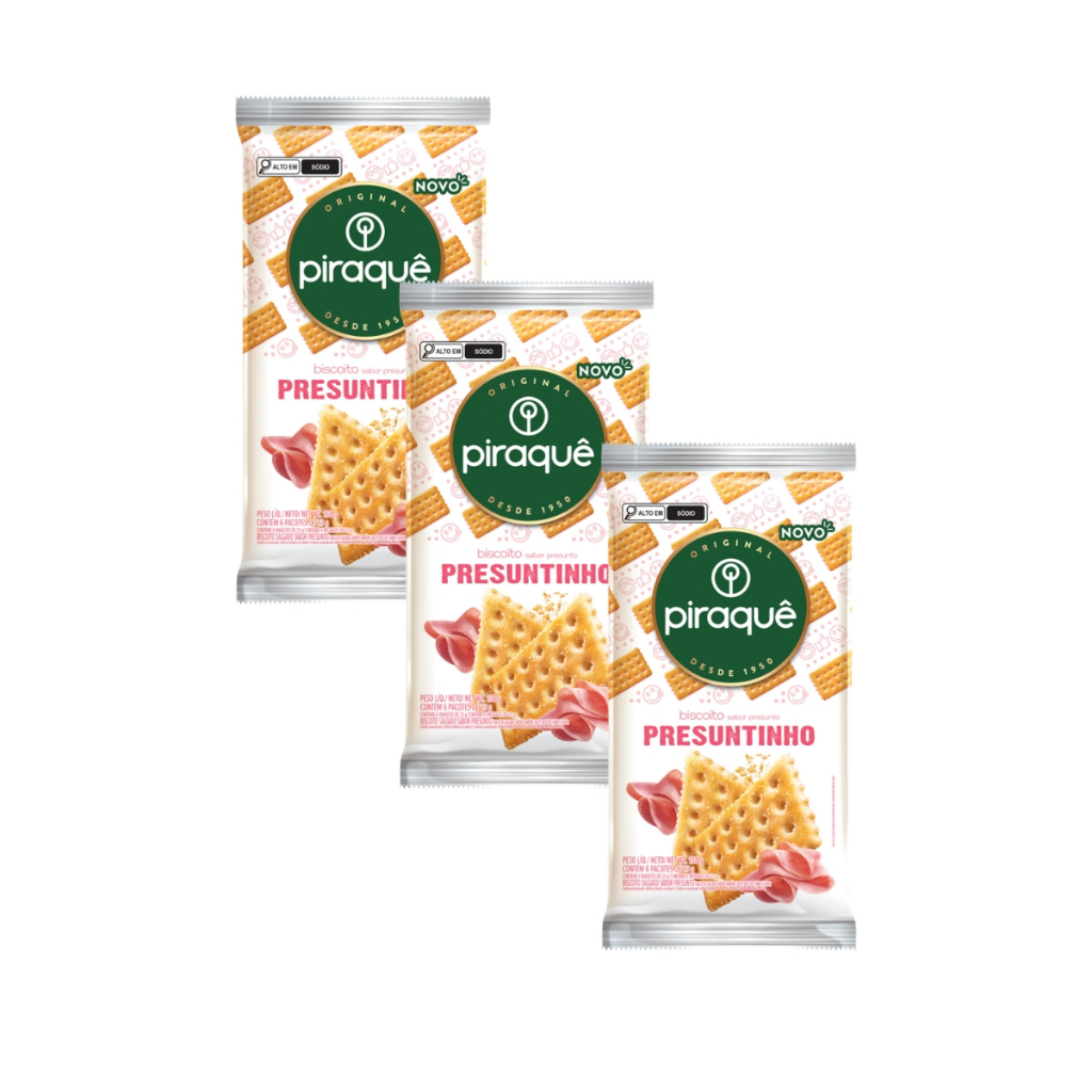 Kit 3un Biscoito Piraquê Salgado Presuntinho 138g