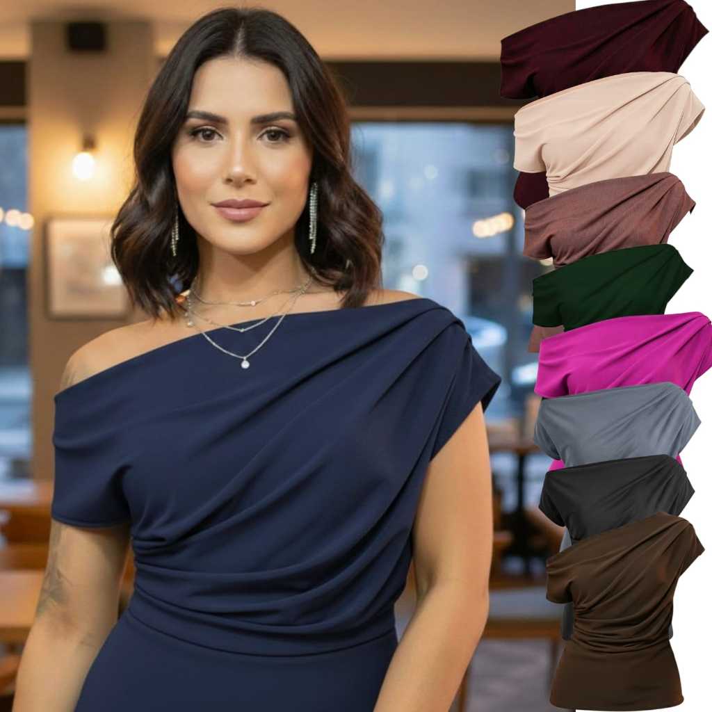 Blusa Feminina Suplex Estilosa Ombro a Ombro Assimétrica Manga Curta Elegante Casual