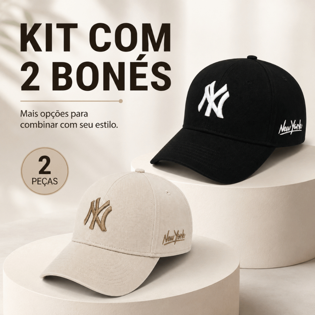 Kit 2 Boné NY New York Bordado Em Alto Relevo Aba Curva Fitão Ajustável Masculino Feminino Casual