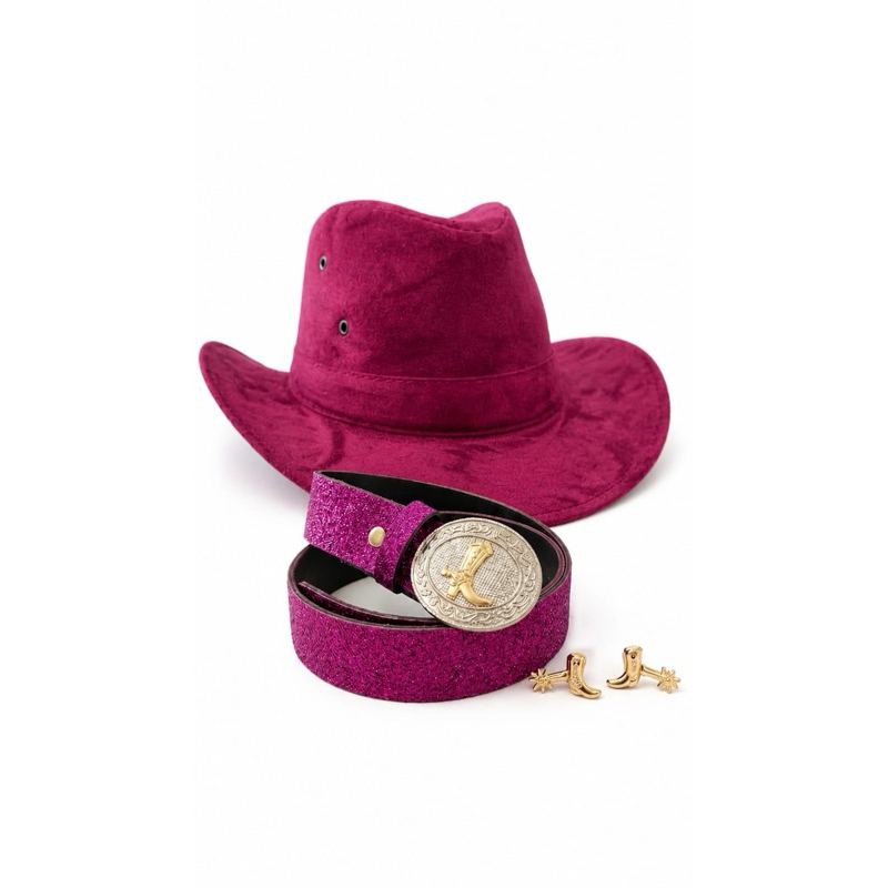 Kit Boiadeira Infantil Feminino Chapéu Camurça e Cinto Glitter com Fivela Cavalo Dourado