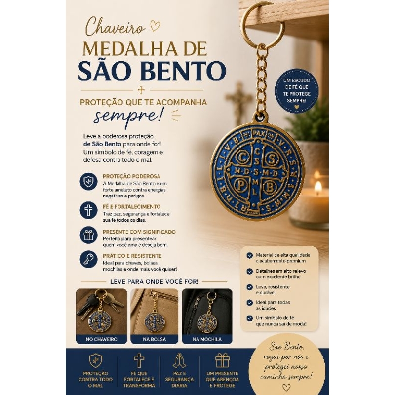 Chaveiro São Bento Religioso Medalha de Proteção Fé Presente Católico
