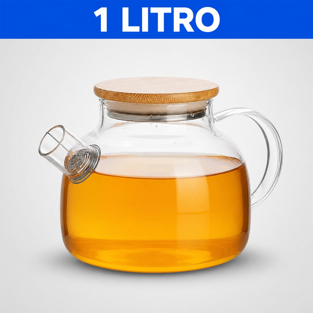 Chaleira de Vidro 1 Litro Coador Tampa de Bambu Premium Resistente a Calor De ir Fogo Bule Infusor