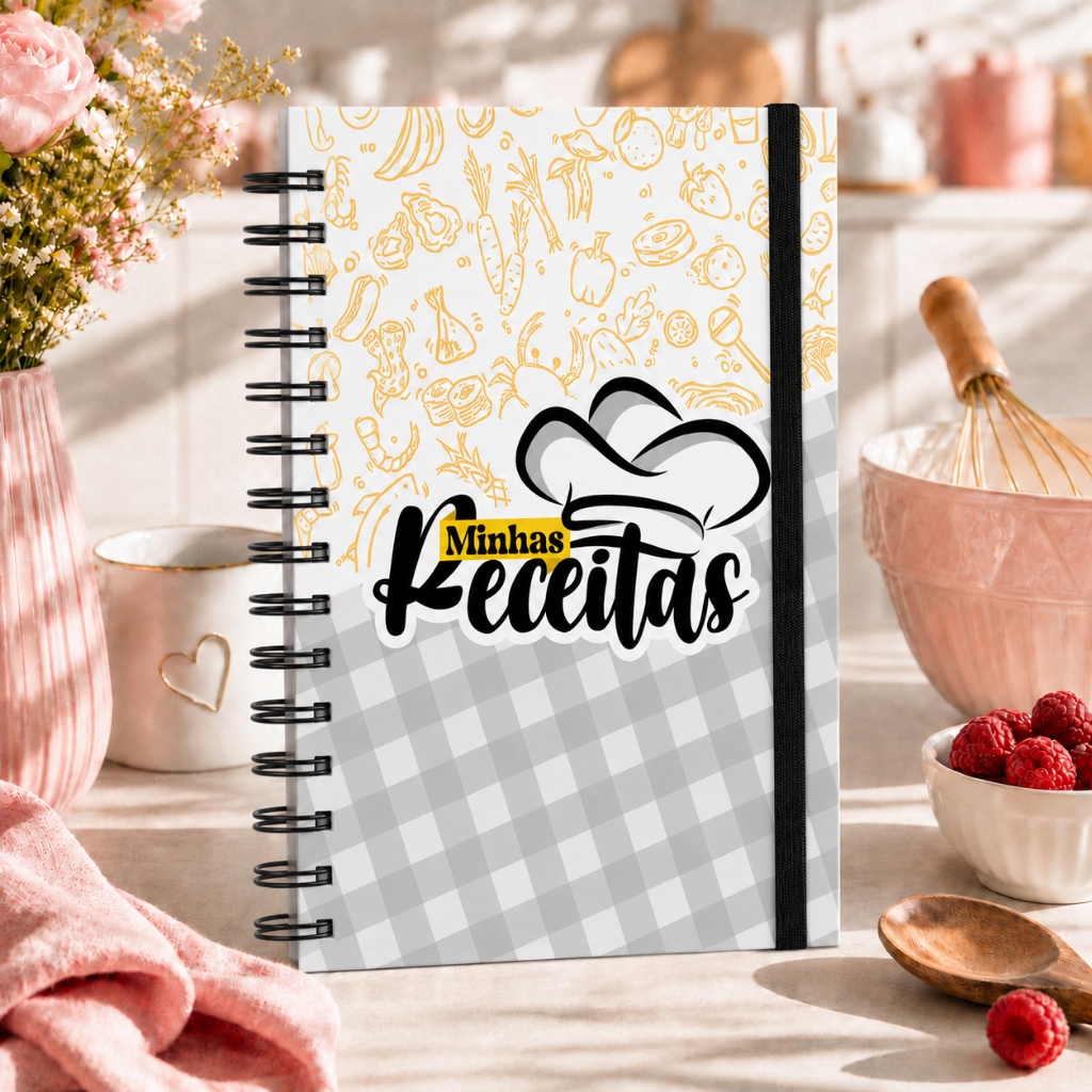 Caderno Minhas Receitas Caderneta de Anotações Receitas Culinária Capa Dura 200 Páginas Wire-o Preto
