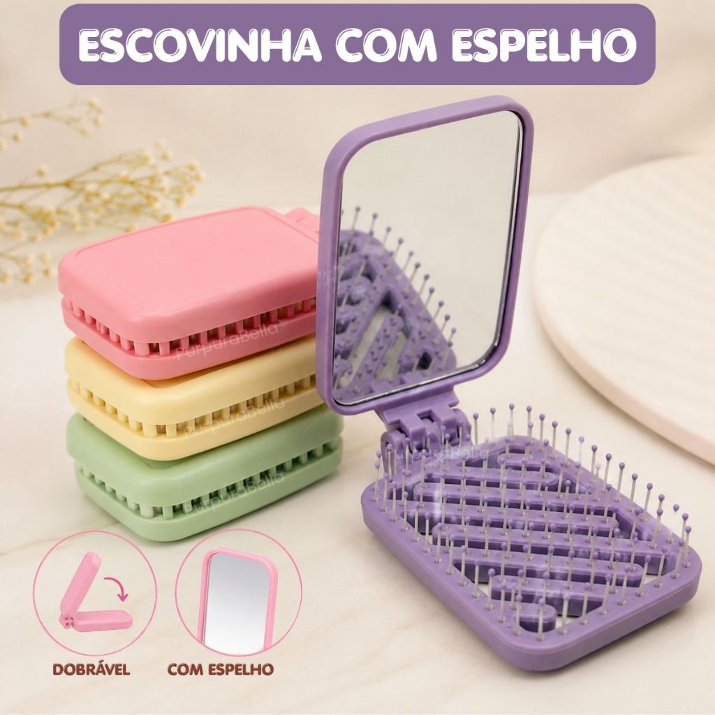 Escova com Espelho Portátil Dobrável Mini Escovinha Mágica Bolsa Viagem Retangular Espelhinho de Mão
