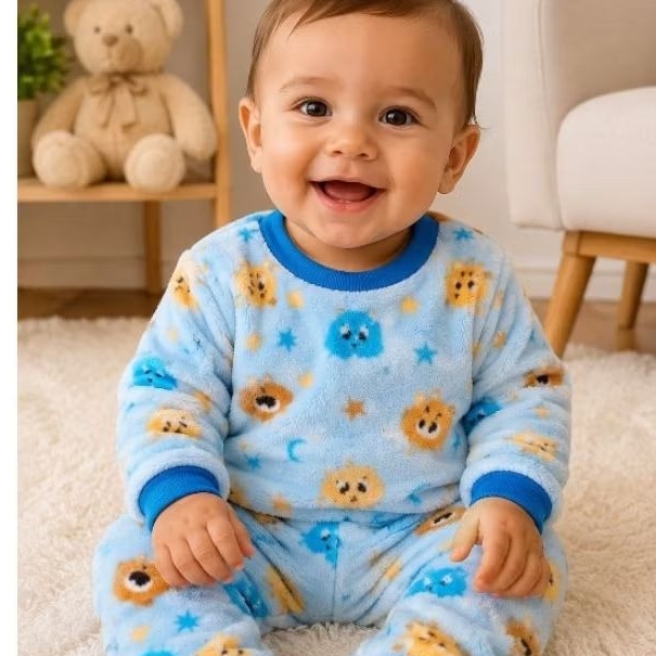 Pijama Bebê Fleece Peluciado Inverno Menino Azul Estampado Conjunto Quentinho e Macio