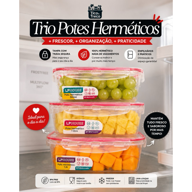 kit 3 Potes Herméticos de Plástico c/ Lacre Trava Alta Vedação de Silicone 500 ML /1.000 ML /1.500ML