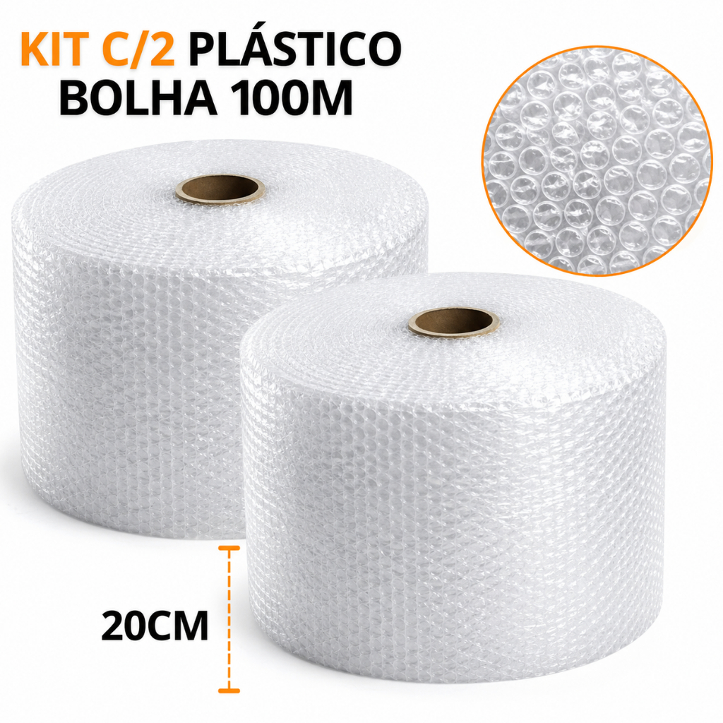 Kit 2 Plástico Bolha 20cm x 100m –Para E-commerce, Proteção para envios e Mudanças