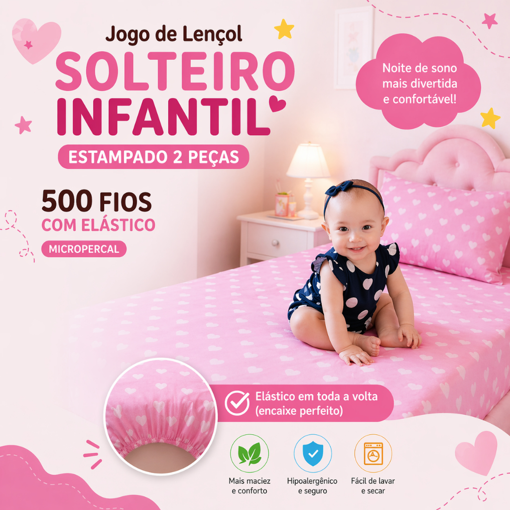 Jogo de Lençol Solteiro Infantil 2 Peças Estampado 500 Fios Micropercal