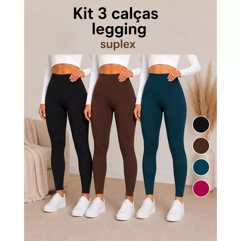 Kit 3 Calças Leg Legging Feminina Suplex Lisa Cintura Alta Zero Transparência Fitness Academia — imagem 1