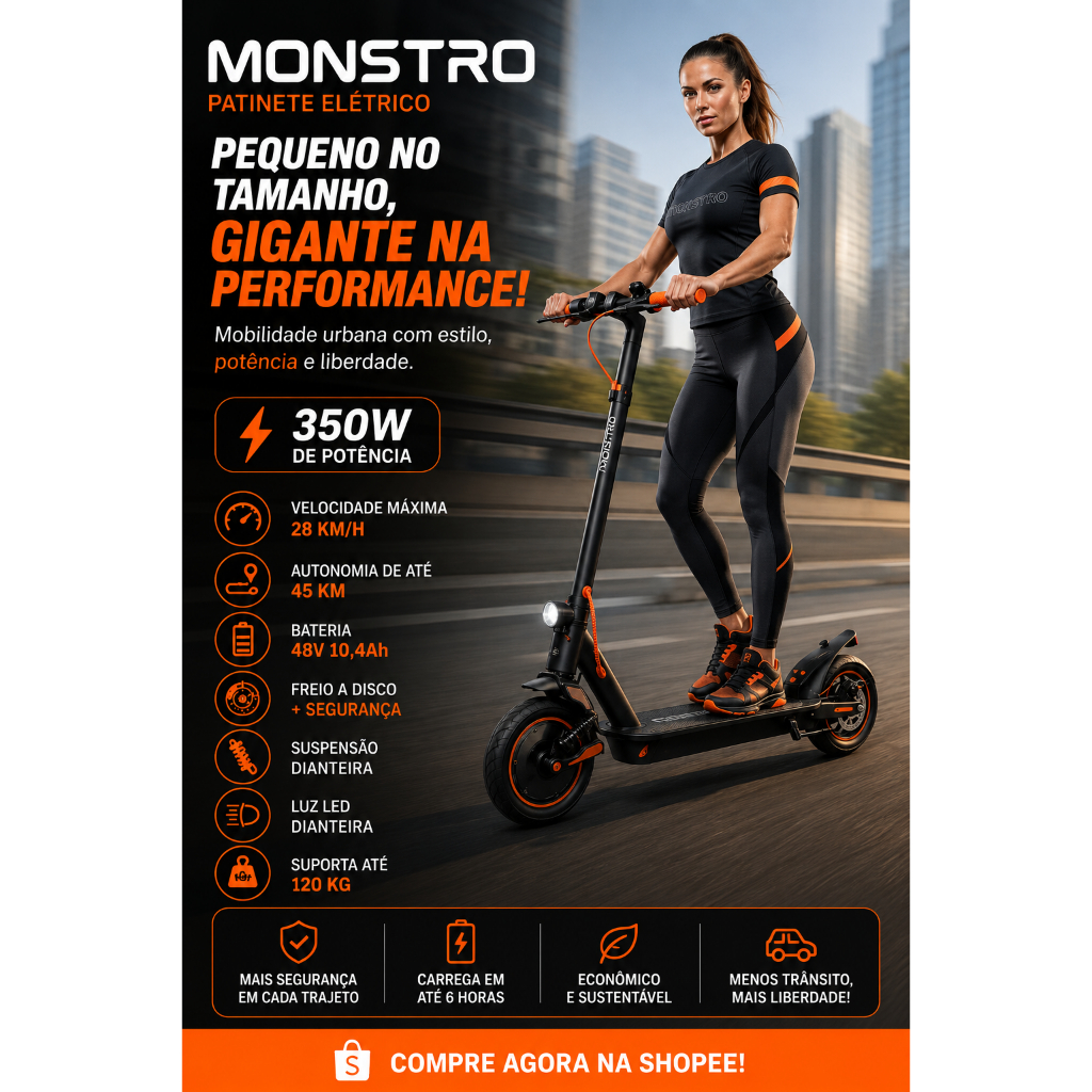 Patinete Elétrico Dobrável Monstro E-bike Preto Autonomia 45km, Motor 350W 48V freio a disco 120Kg