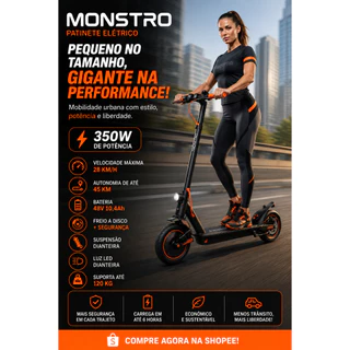 Patinete Elétrico Dobrável Monstro E-bike Preto Autonomia 45km, Motor 350W 48V freio a disco 120Kg