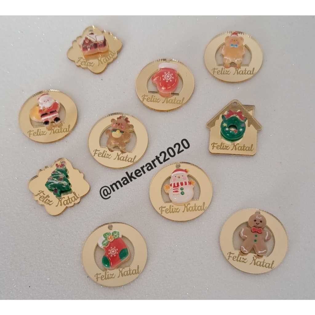 Kit Tags de Natal em Acrílico Espelhado Dourado com Aplique - Pingentes para Lembrancinhas e Presentes