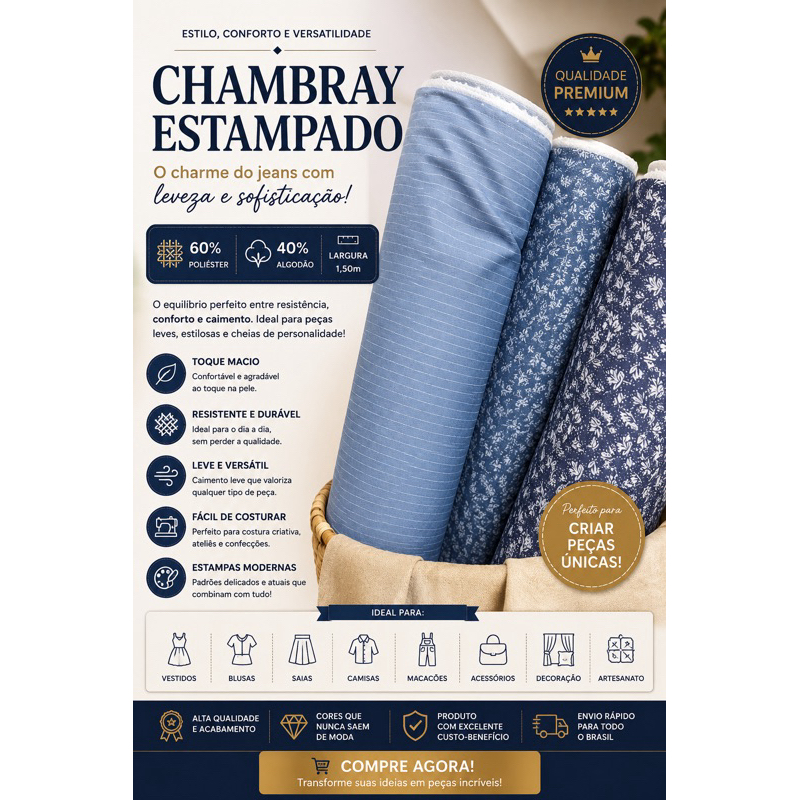 Tecido Chambray Estampado 60% Poliéster 40% Algodão Largura 1,50m