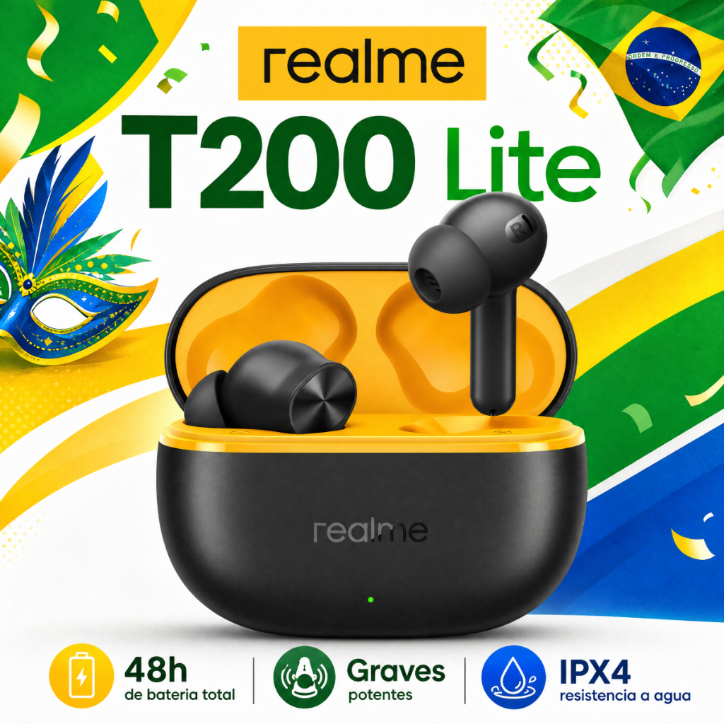 Realme T200 Lite–Fone Sem Fio Bluetooth 5.4, Fone De Ouvido, IPX4 Prova D'Água, 45h de Bateria, Com Microfone Embutido