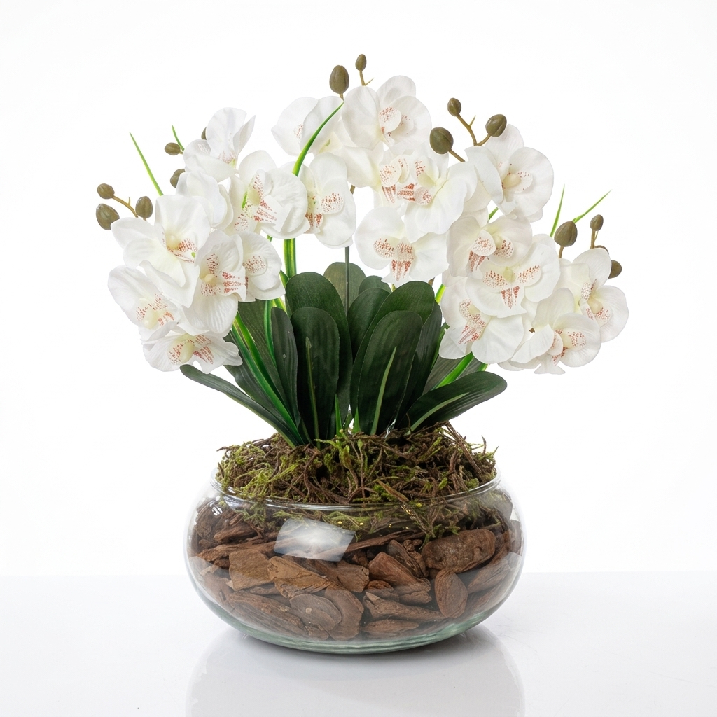 ARRANJO DECORATIVO BUQUE DE ORQUIDEAS ARTIFICIAL VASO INCOLOR