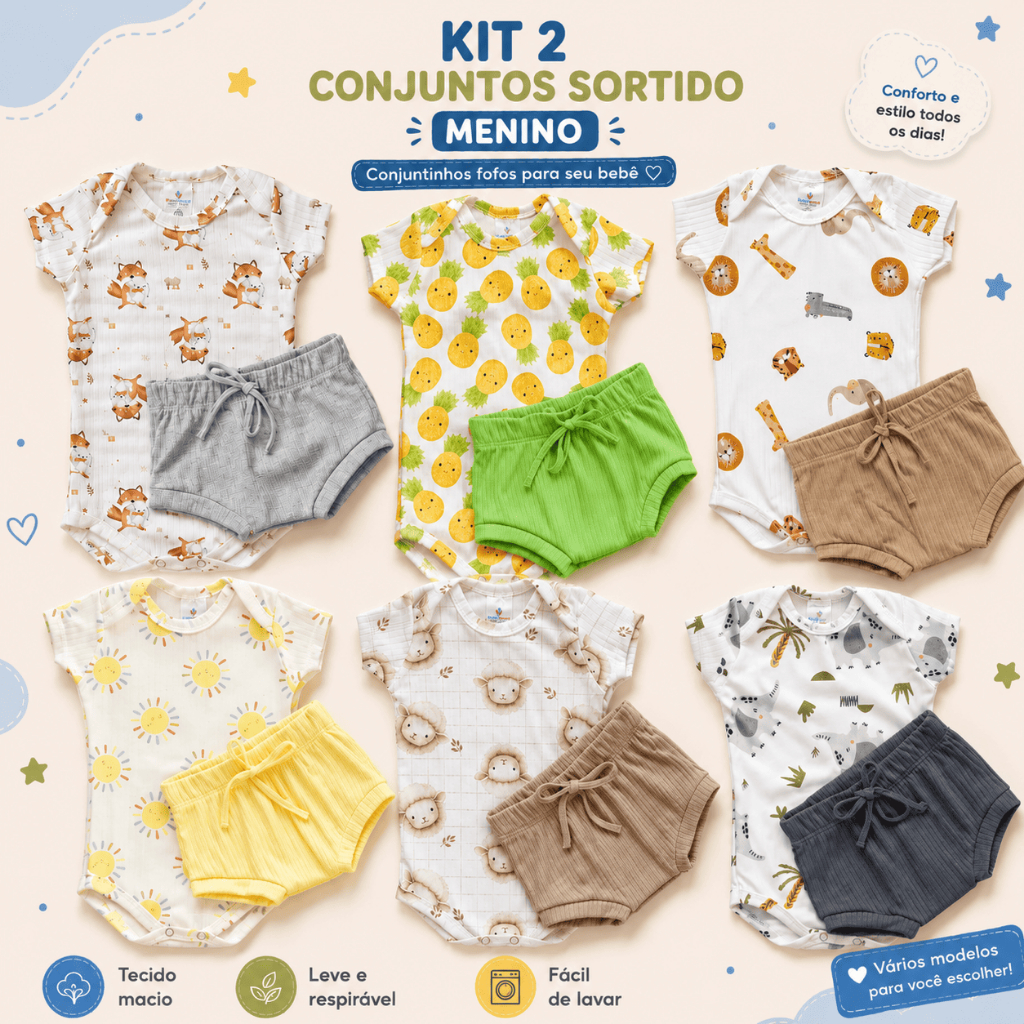 2 Conjuntos Bebê Body Verão Menino + Tapa Fralda | Kit Sortido Leve 2 Conjuntos