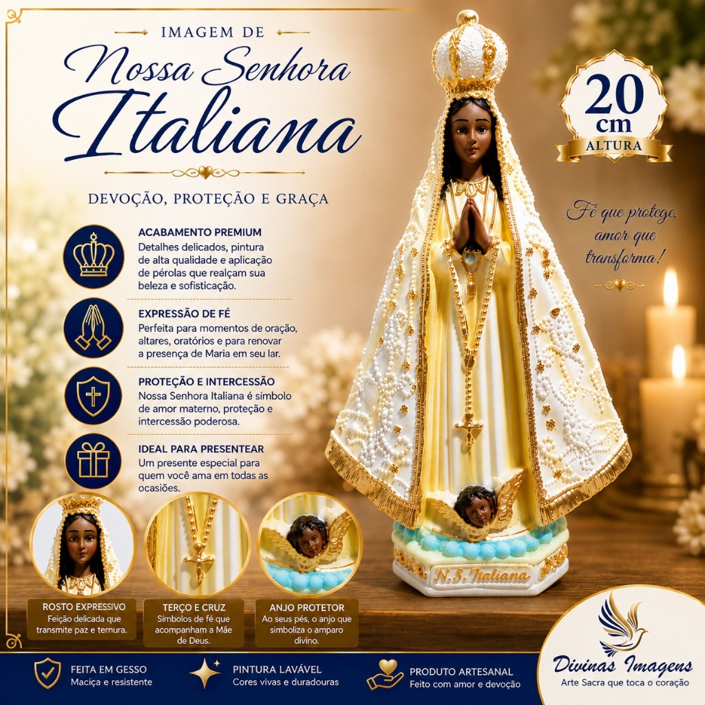 Imagem Nossa Senhora Aparecida Italiana 20cm Gesso Premium Dourado Acabamento Artesanal