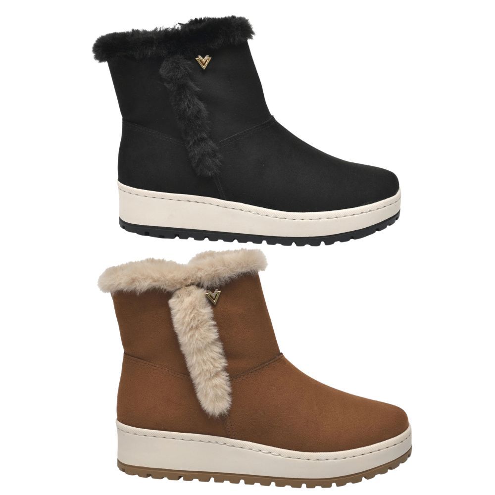 Bota Feminina Via Marte Forrada Com Pelo Flatform Camurça Cano Curto 259-014/259-007
