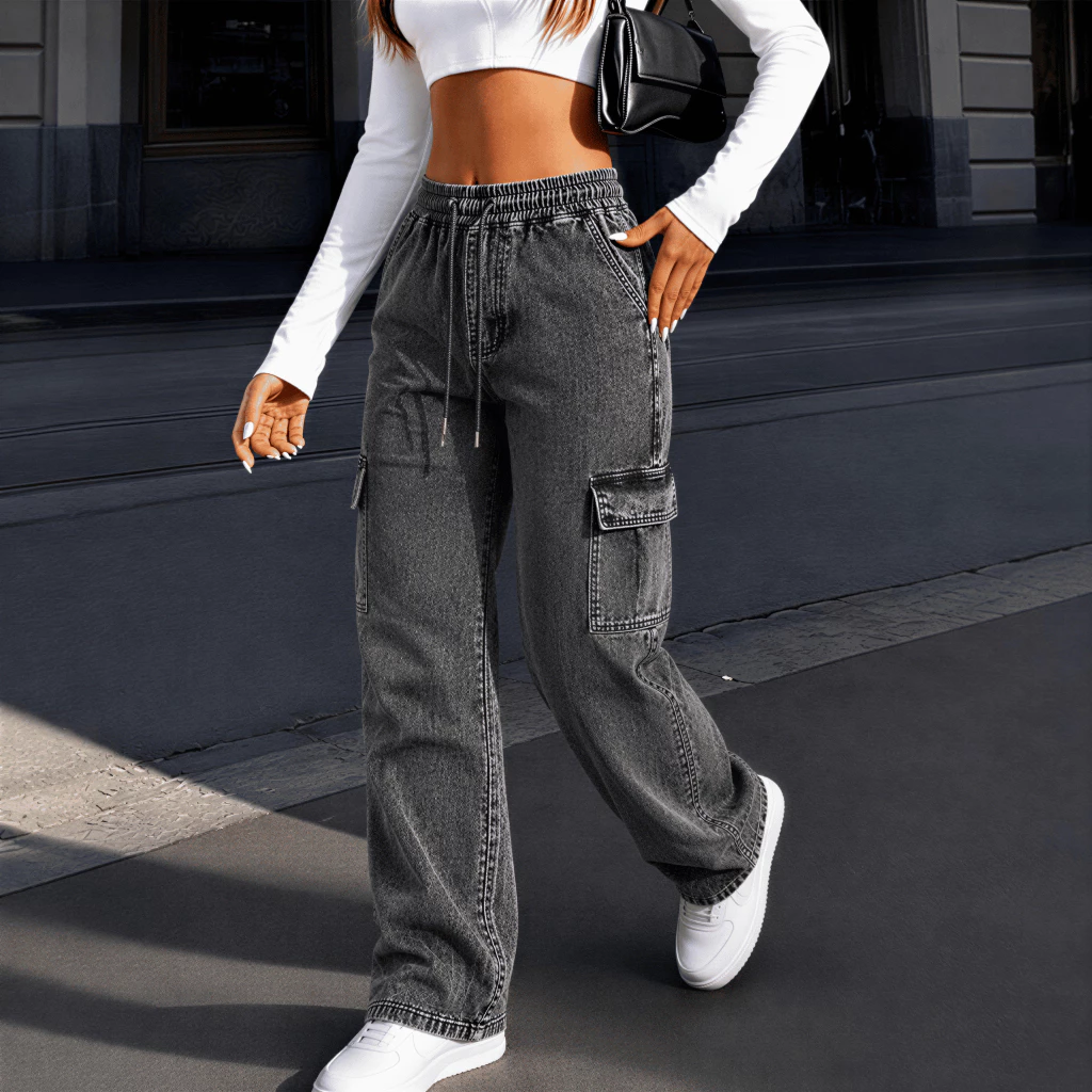 Calça Cargo Feminina Cintura Alta Sarja Sem Punho Wide Leg Bolsos Cargo Moda Blogueira Tendência Casual Premium — imagem 1