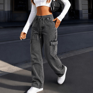 Calça Cargo Feminina Cintura Alta Sarja Sem Punho Wide Leg Bolsos Cargo Moda Blogueira Tendência Casual Premium