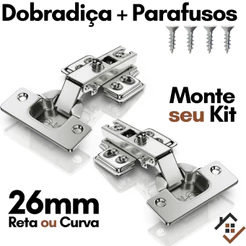 Dobradiça para Moveis 26mm Kit Dobradiças Reta e Curva p Armario Guarda Roupa Marcenaria c Parafuso