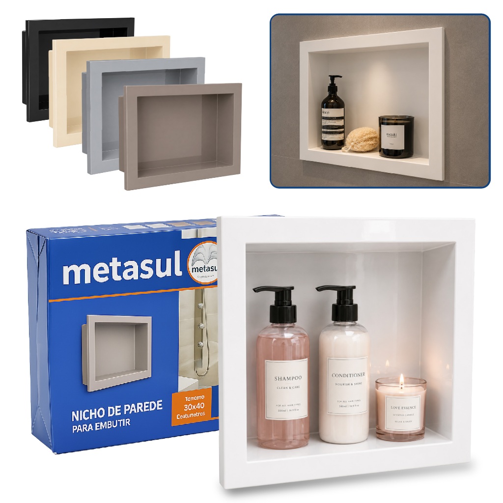 Nicho Para Banheiro e Cozinha Embutir 30X40 Polipropileno Suporte Organizador Original Metasul