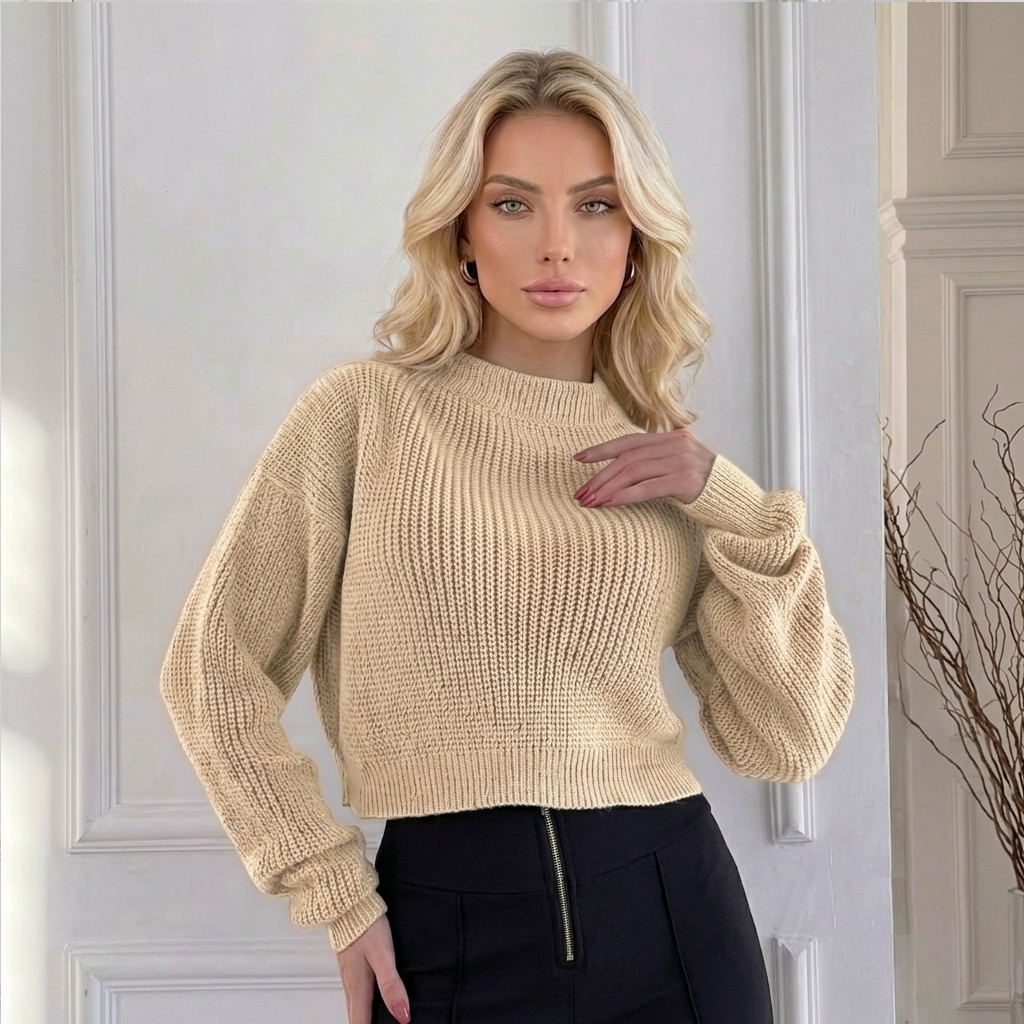 Blusa Cropped Tricô Fang Manga Longa Estilosa Inverno Caimento Comfy