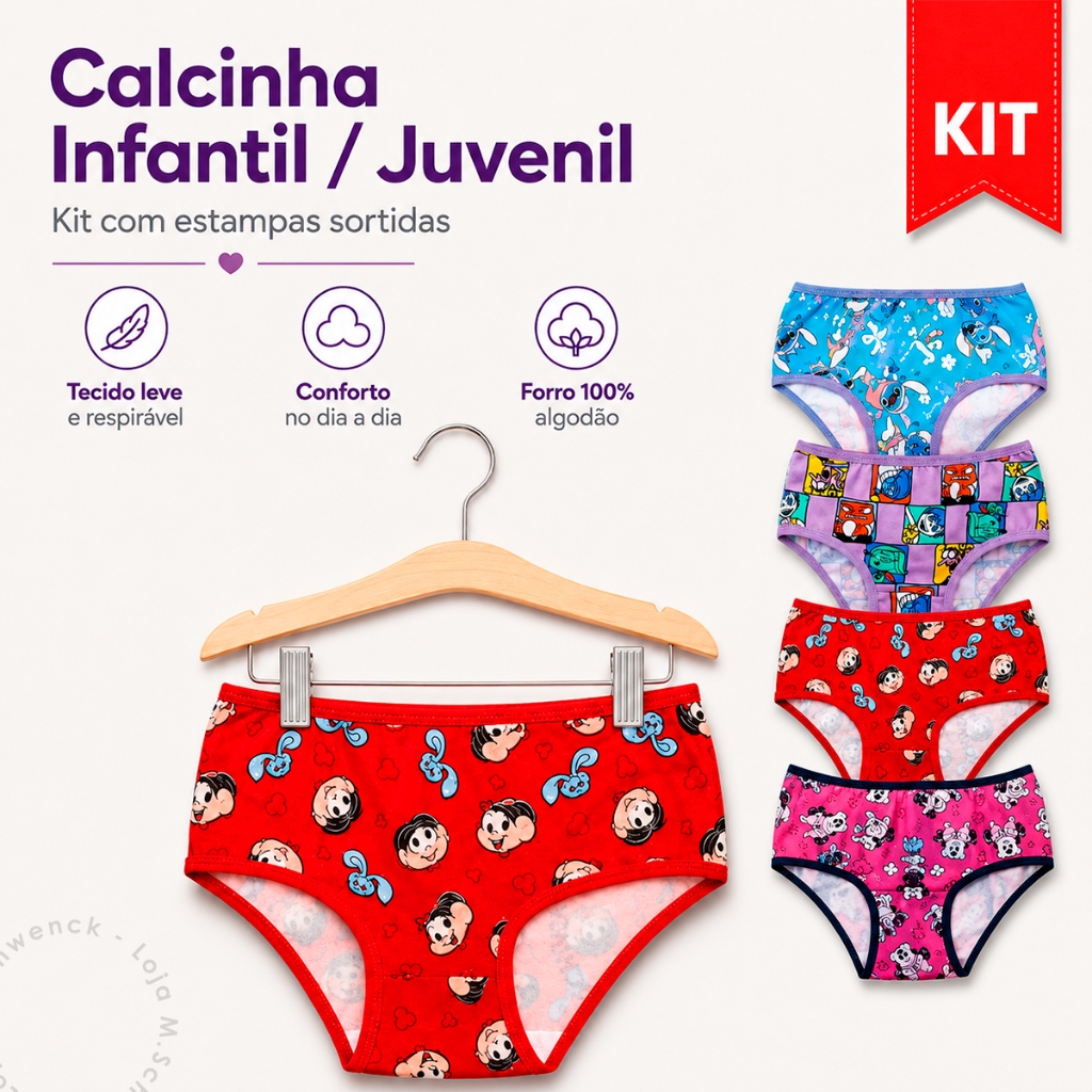 Kit 5 Ou 10 Calcinha Microfibra Infantil Juvenil Forro 100% Algodão Moda Feminina Menina Elástico Cintura