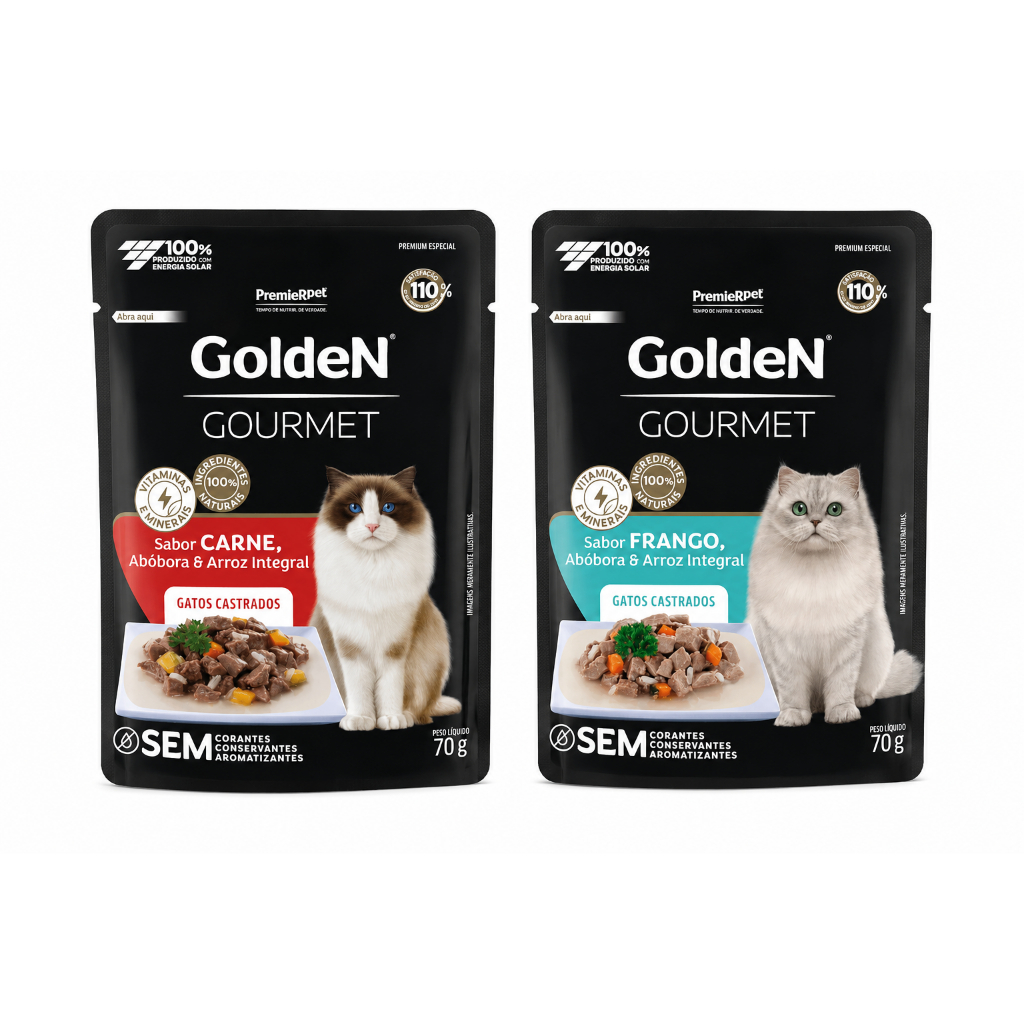 Kit 2 x Caixas Ração Úmida Golden Gourmet Gatos Castrados Adultos Sabor Misto Carne e Frango 40 Sachês