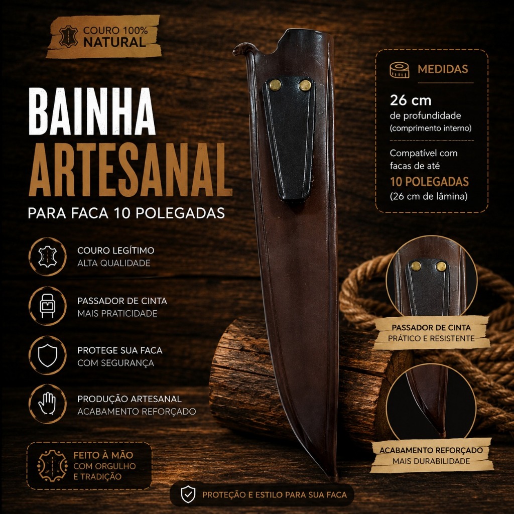 Bainha Em Couro 10 Polegadas  Para Facas Com 26cm de Lâmina