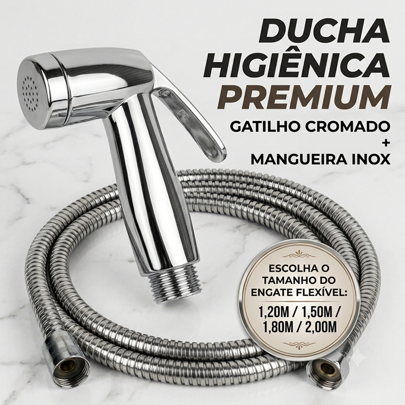 Ducha Higienica Gatilho ABS TOP CROMADO e Engate Mangueira Flexivel em Inox ESCOLHA TAMANHO