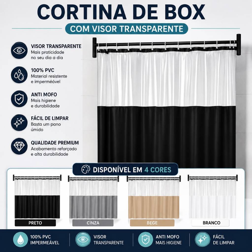Cortina Box Banheiro PVC Impermeável Anti Mofo Com Visor Transparente 1,38x1,98m Com Ganchos