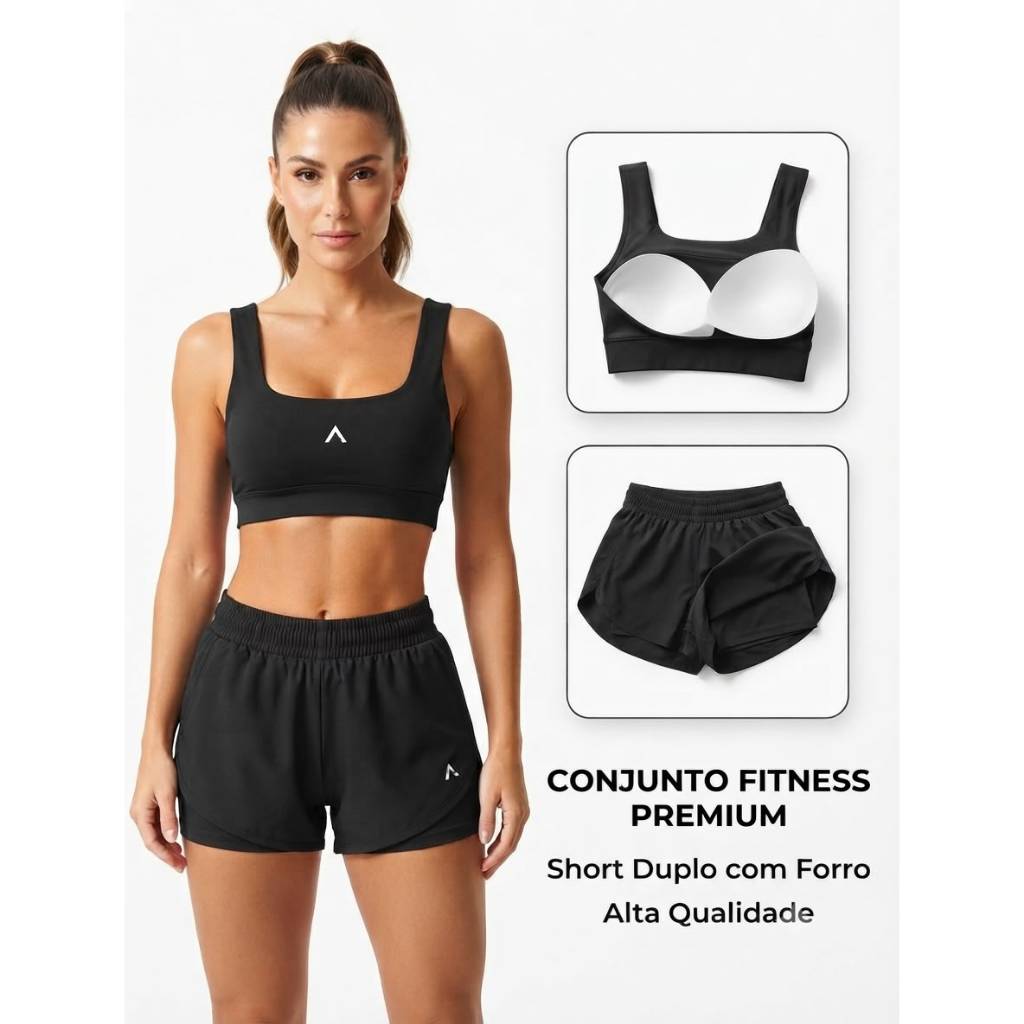 Conjunto Fitness Feminino Preto Short Duplo Corrida/Academia Cintura Alta +Top com Bojo alta sustentação