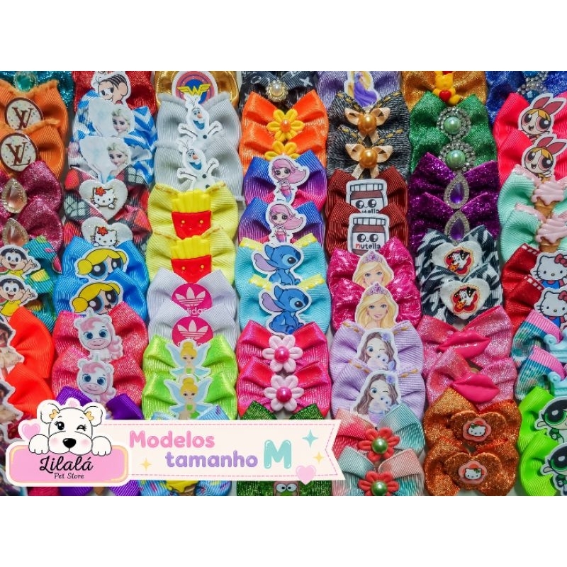 Kit Laços Pet M ou P gorgurão sortidos Lacinhos Pet Liso Estampado Temáticos Pet Shop Banho e Tosa cães