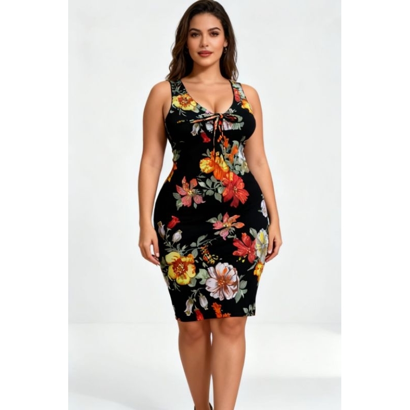 Vestido Midi Feminino Plus Size Floral Malha Canelada Confortável Manga Bufante Estampado Casual Elegante GG 44 ao 50
