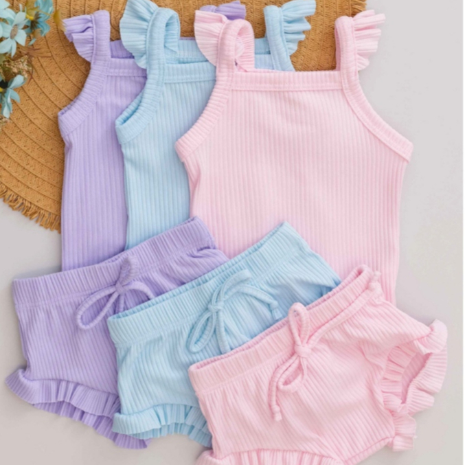 Kit Bebê 3 Conjuntos Verão Body e Tapa Fralda Babado Canelado