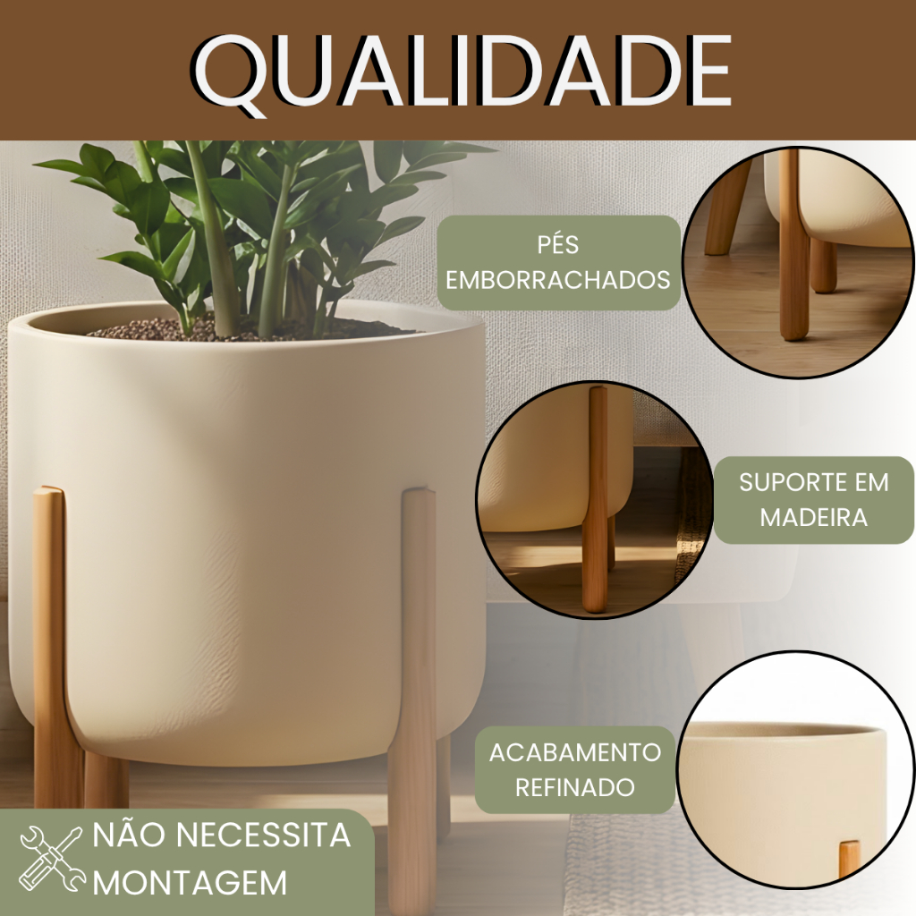 Vaso Para Plantas Polietileno Com Suporte De Madeira Decoração Sala 30x26 — imagem 2 de 2