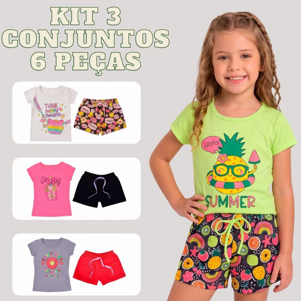 Kit 3 Conjuntos Infantil Menina Verão 6 Peças Roupa Feminina Bebê 1 a 8 Anos Blusa Shorts Algodão