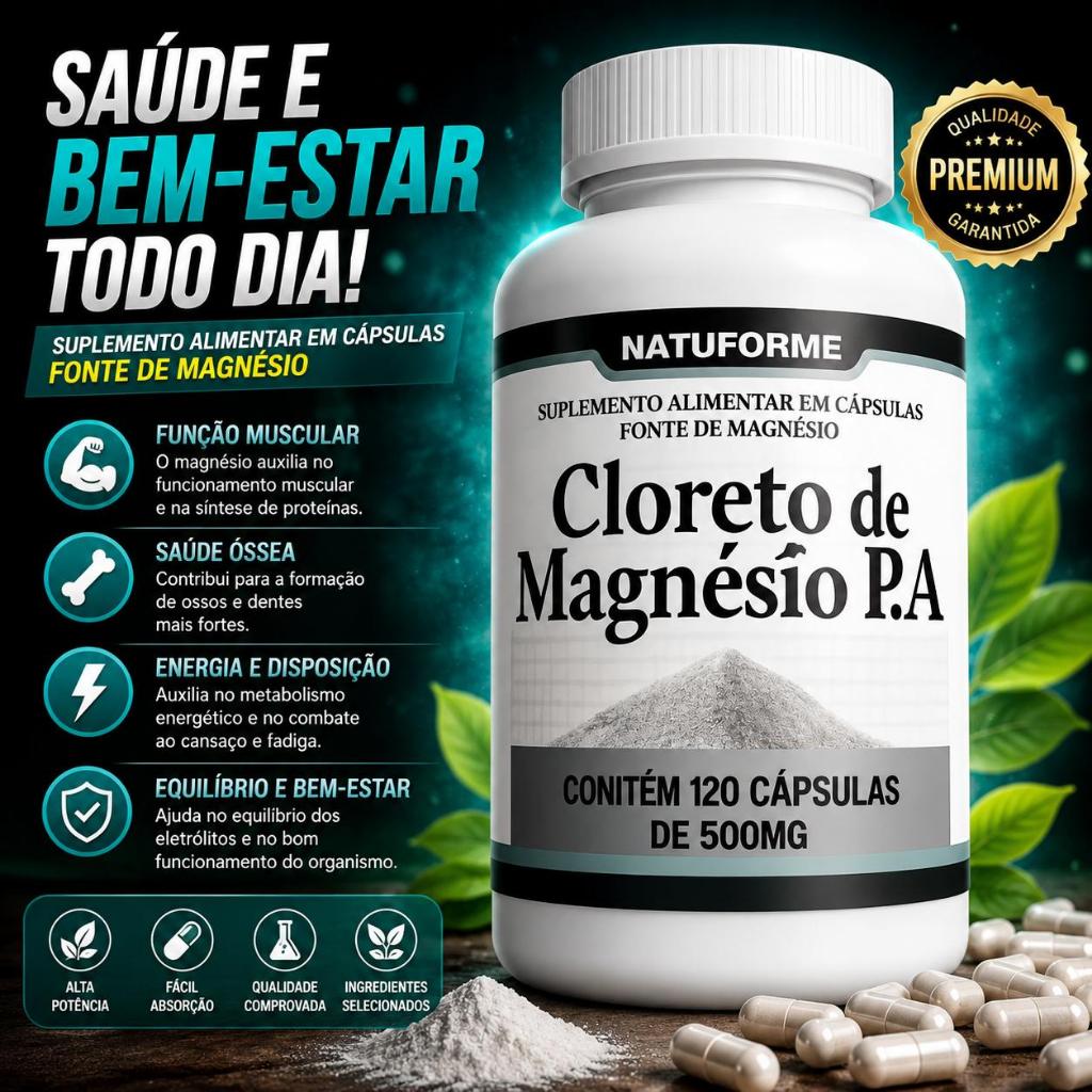 CLORETO DE MAGNÉSIIO P.A ORIGINAL - 120 CÁPSULAS - 500MG - MAIS SAÚDE E ENERGIA