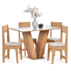 Conjunto Sala de Jantar Compacto 4 Lugares Cadeiras Estofadas Mesa Vivi Completa Para Cozinha Tampo Semelhante Vidro