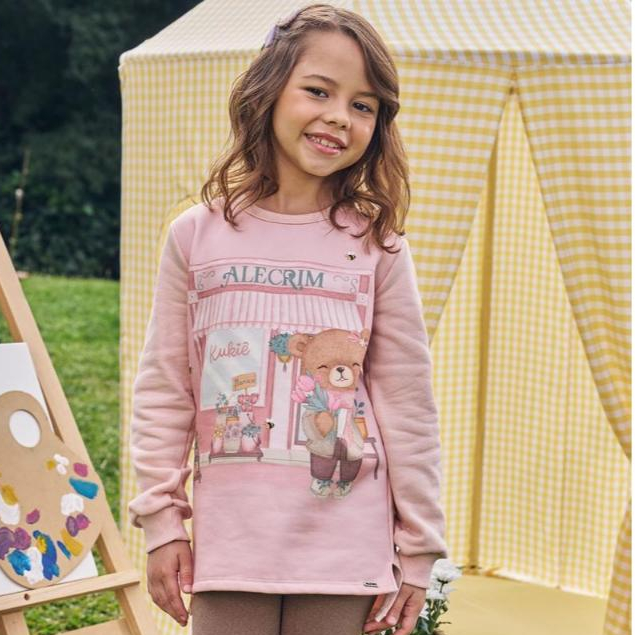 Conjunto Infantil Menina Inverno com Calça Legging e Moletom Flanelado Ursinha Kukiê Alecrim Nude