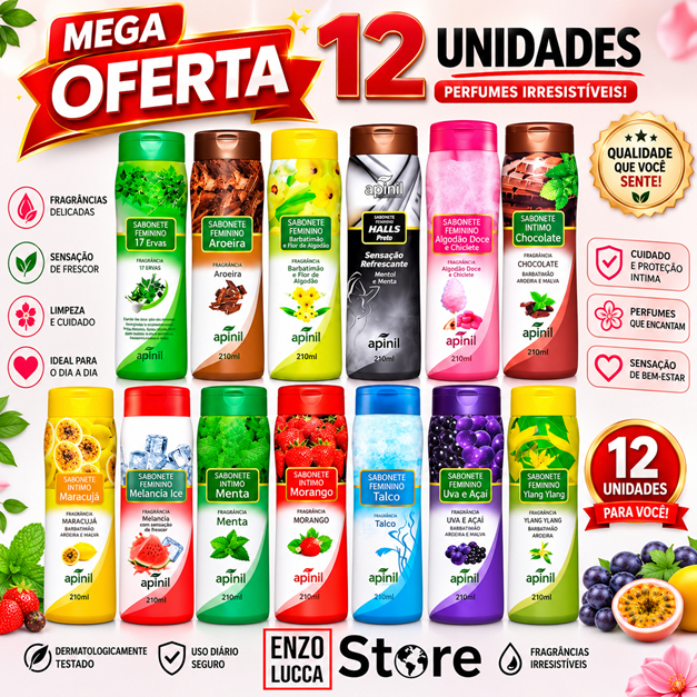 Kit 12 und Sabonete Íntimo Apinil ESCOLHER CHAT | Higiene Feminina pH Balanceado