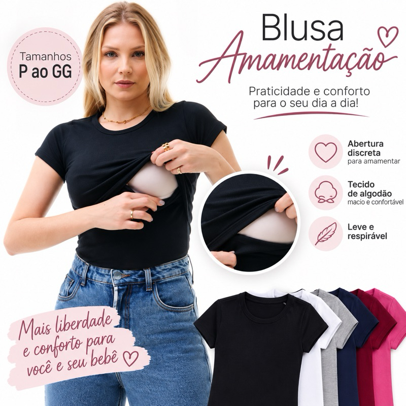 Blusa Manga Curta Amamentação