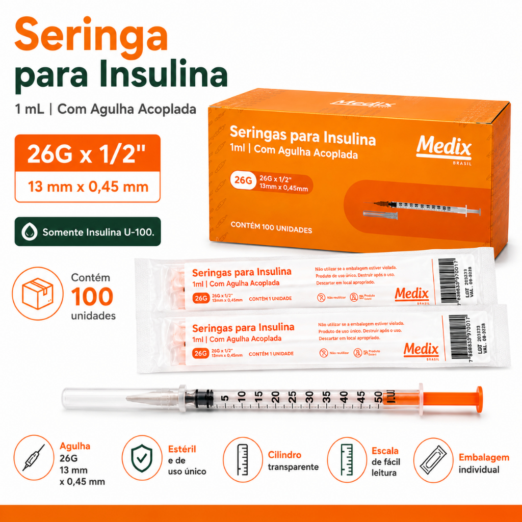 Seringa para Insulina Medix 1mL U-100 26G x 1/2" (13mm x 0,45mm) Agulha Acoplada Caixa com 100 Unidades