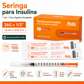 Seringa para Insulina Medix 1mL U-100 26G x 1/2" (13mm x 0,45mm) Agulha Acoplada Caixa com 100 Unidades