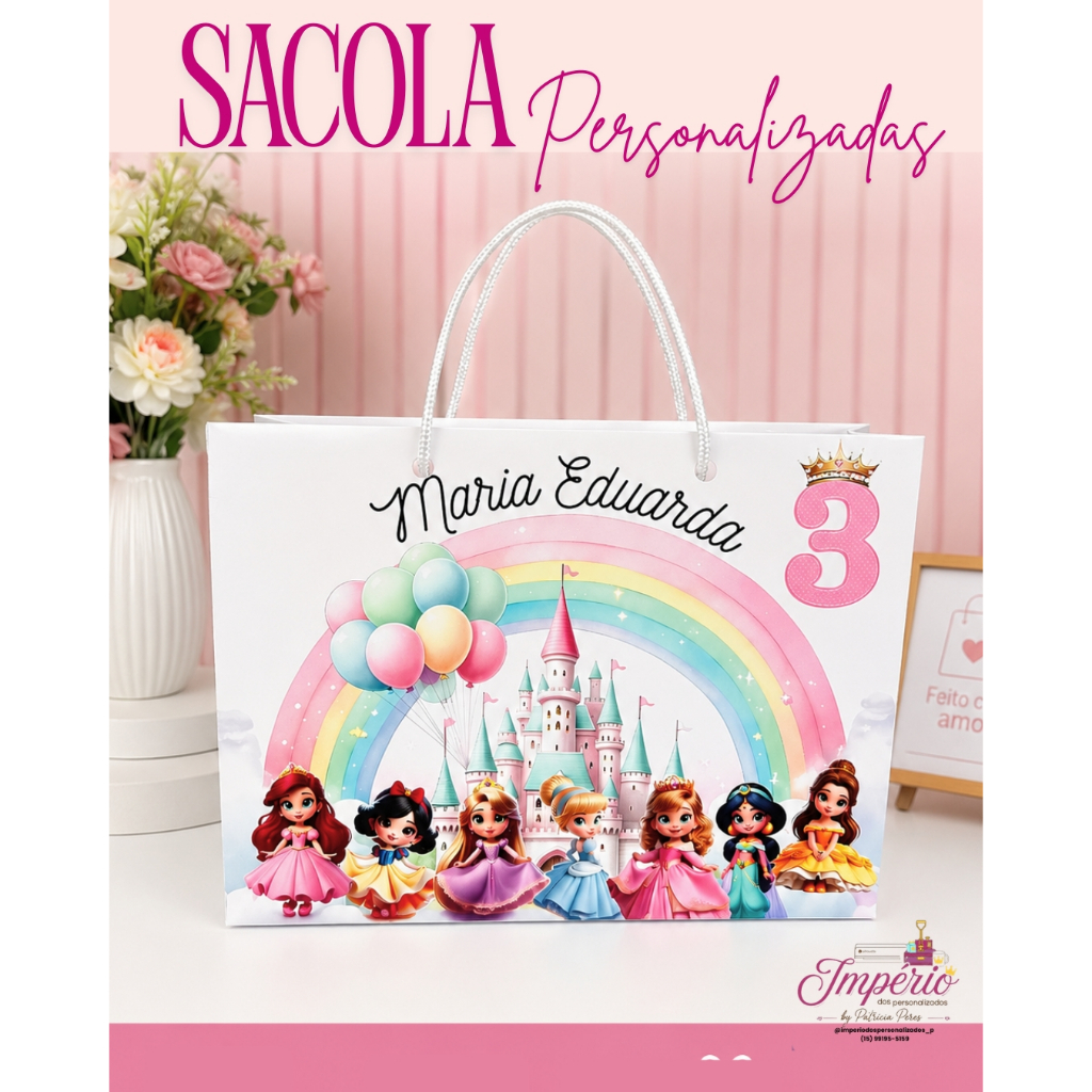 Sacolinha Personalizada Princesas | Lembrancinha Infantil | DIVERSOS TEMAS | 20x15cm